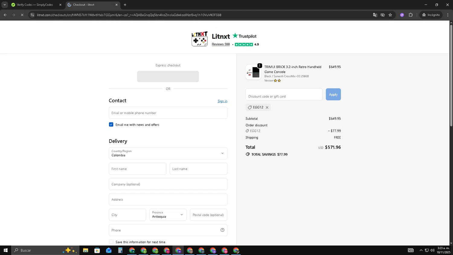 LITNXT coupon code screenshot showing code EGG12 applied at LITNXT checkout page. Uploaded by SimplyCodes community member CRF250CC on Nov 10, 2025