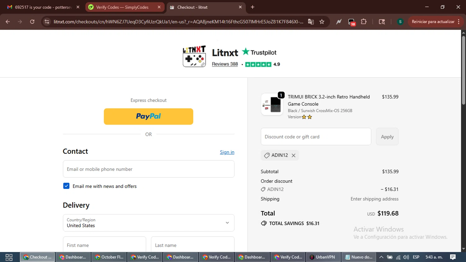 LITNXT promo code screenshot showing code ADIN12 applied at LITNXT checkout page. Uploaded by SimplyCodes community member ShrewdAce7935 on Dec 18, 2025