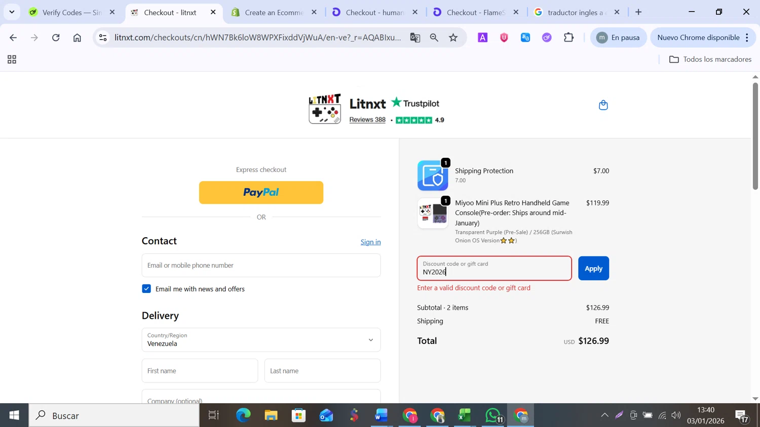 LITNXT promo code screenshot showing code NY2026 applied at LITNXT checkout page. Uploaded by SimplyCodes community member MANUELURBINA on Jan 3, 2026
