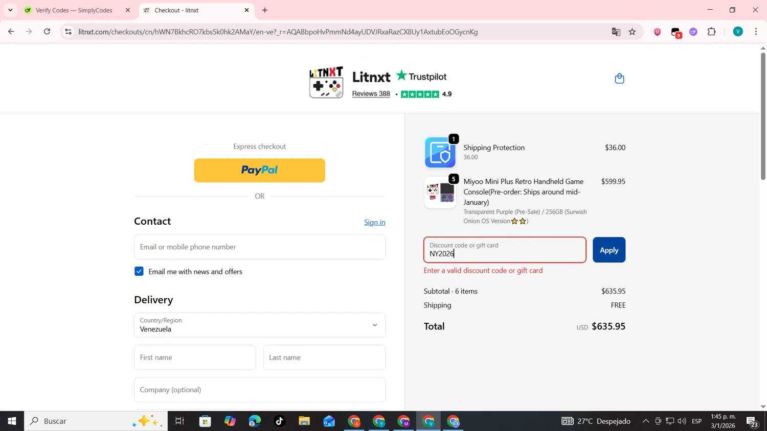 LITNXT promo code screenshot showing code NY2026 applied at LITNXT checkout page. Uploaded by SimplyCodes community member lyffytaro on Jan 3, 2026