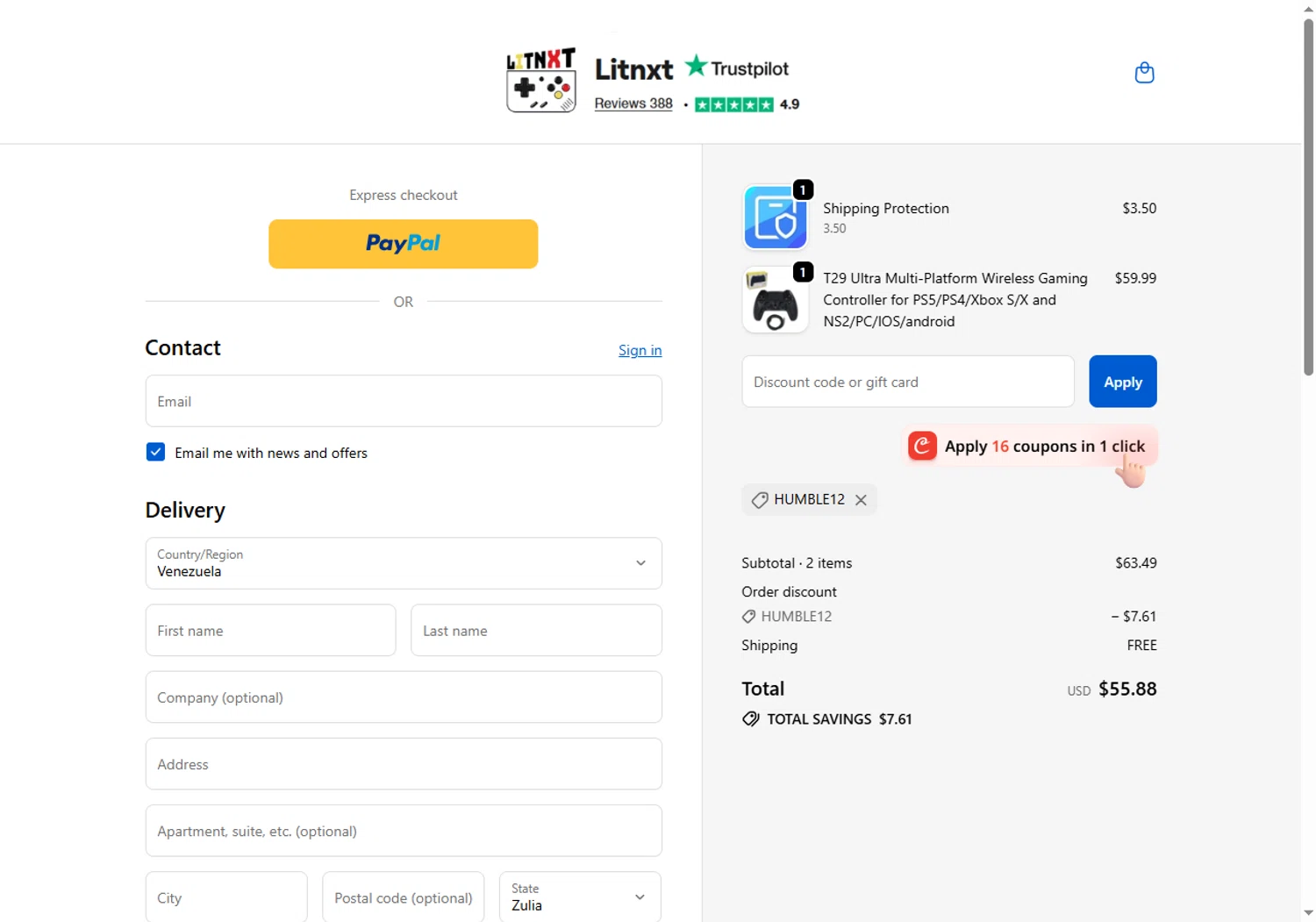 LITNXT promo code screenshot showing code HUMBLE12 applied at LITNXT checkout page. Uploaded by SimplyCodes community member Sadalsuud on Jun 8, 2026