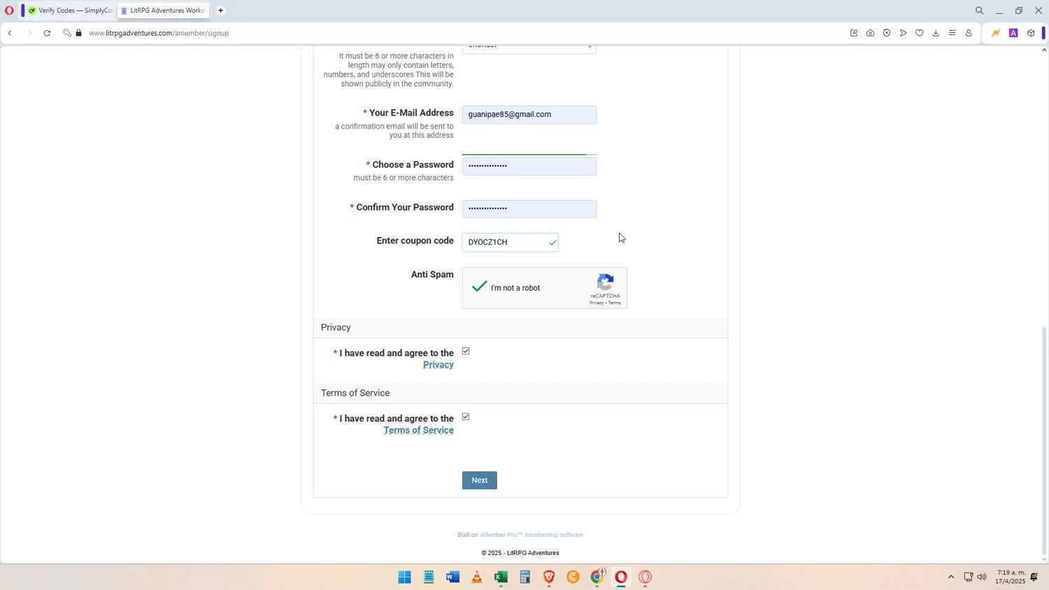 Litrpgadventures.com checkout page showing Litrpgadventures.com promo code box | Screenshot taken by SimplyCodes community member on Apr 17, 2025
