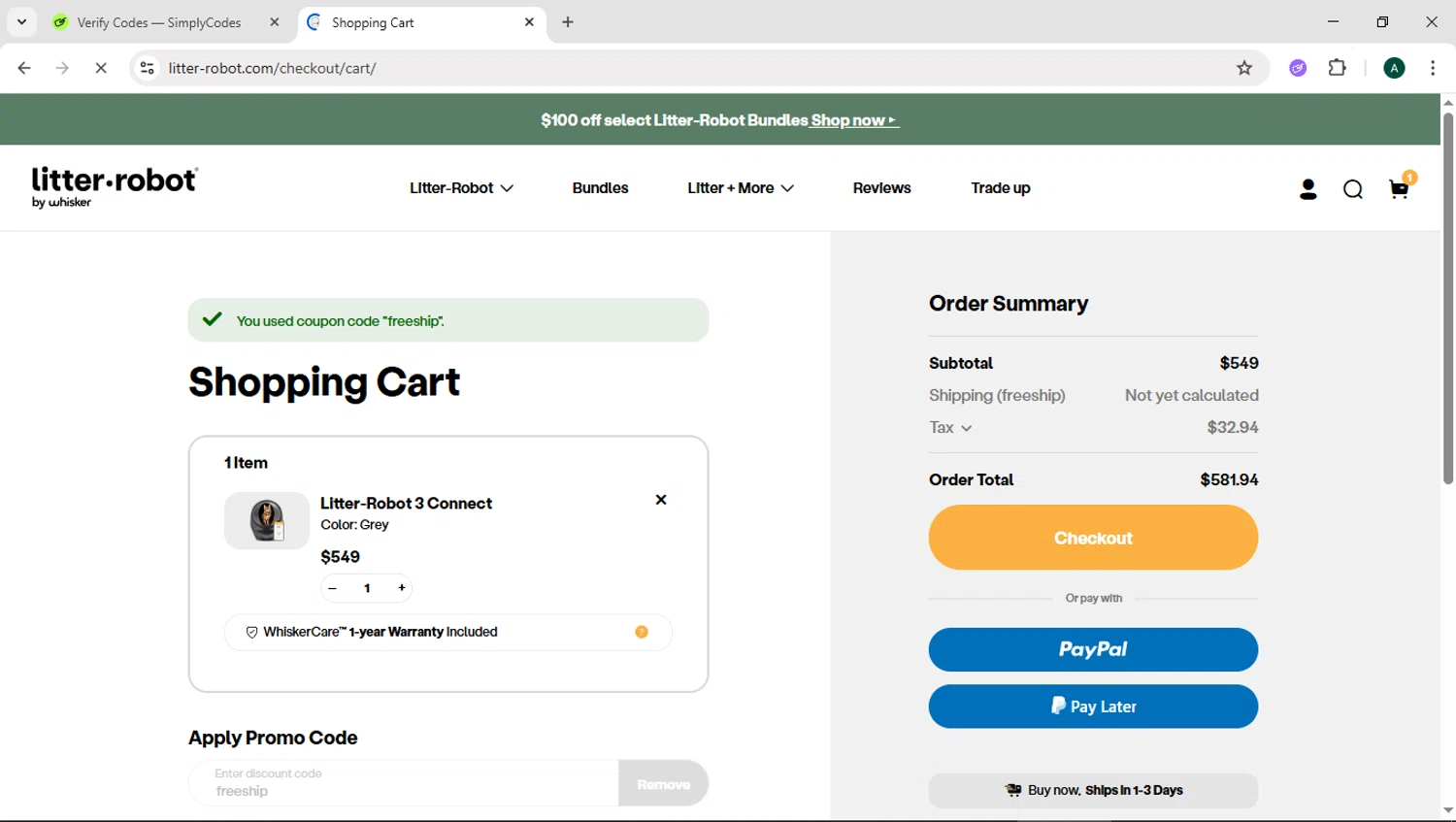 Litter-Robot checkout page showing Litter-Robot promo code box | Screenshot taken by SimplyCodes community member on Sep 14, 2025