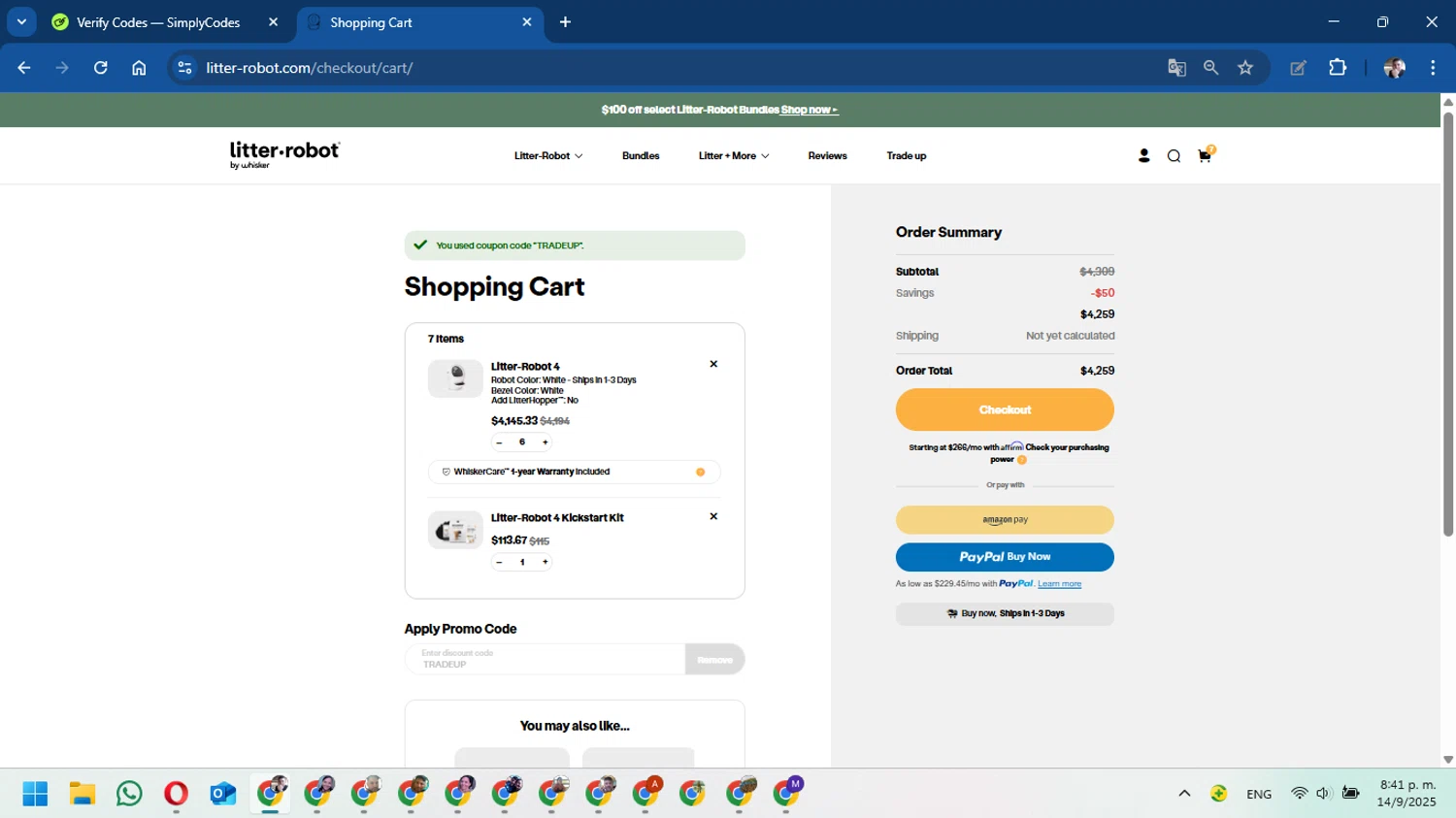 Litter-Robot checkout page showing Litter-Robot promo code box | Screenshot taken by SimplyCodes community member on Sep 15, 2025