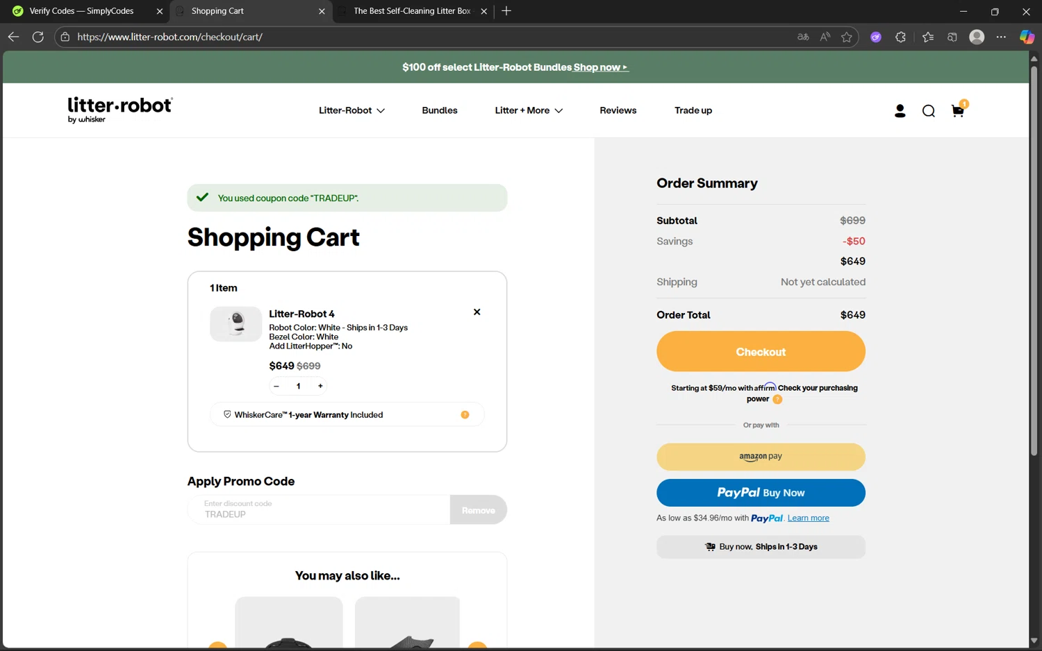 Litter-Robot checkout page showing Litter-Robot promo code box | Screenshot taken by SimplyCodes community member on Sep 14, 2025