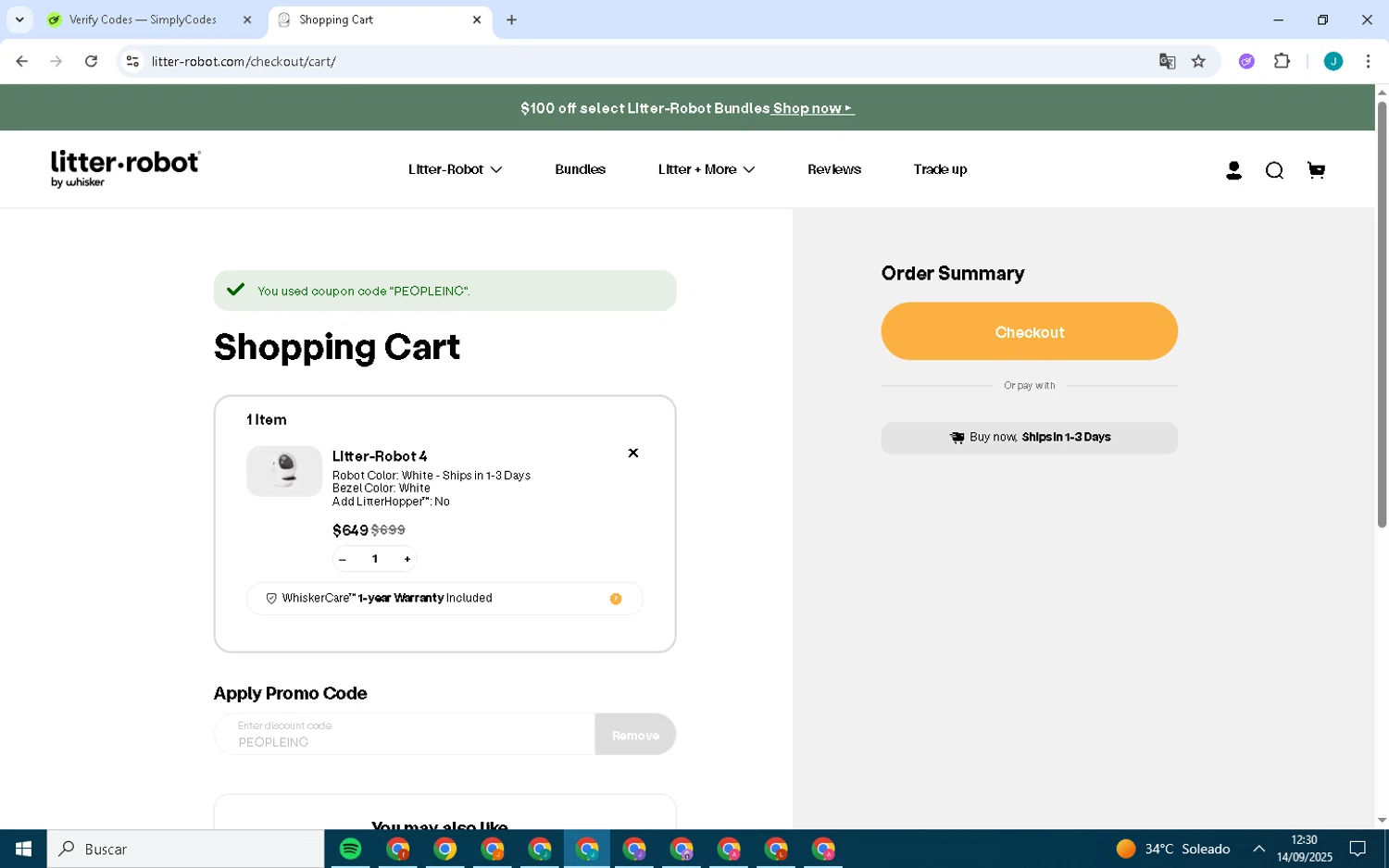 Litter-Robot checkout page showing Litter-Robot promo code box | Screenshot taken by SimplyCodes community member on Sep 14, 2025
