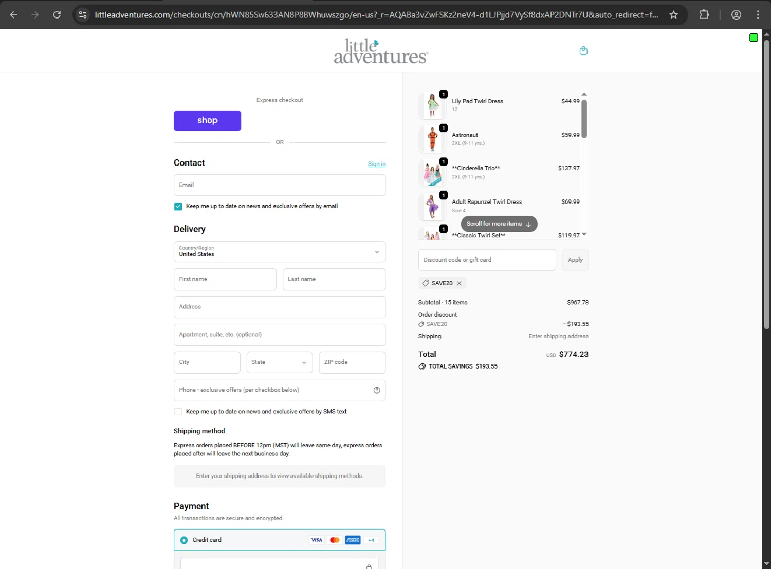 Little Adventures promo code screenshot showing code SAVE20 applied at Little Adventures checkout page. Uploaded by SimplyCodes community member RINITOSHI on Jan 27, 2026