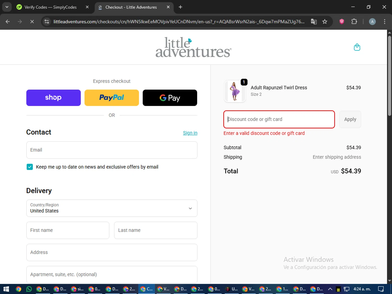 Little Adventures promo code screenshot showing code SAVE20 applied at Little Adventures checkout page. Uploaded by SimplyCodes community member trippieredd on Nov 27, 2025