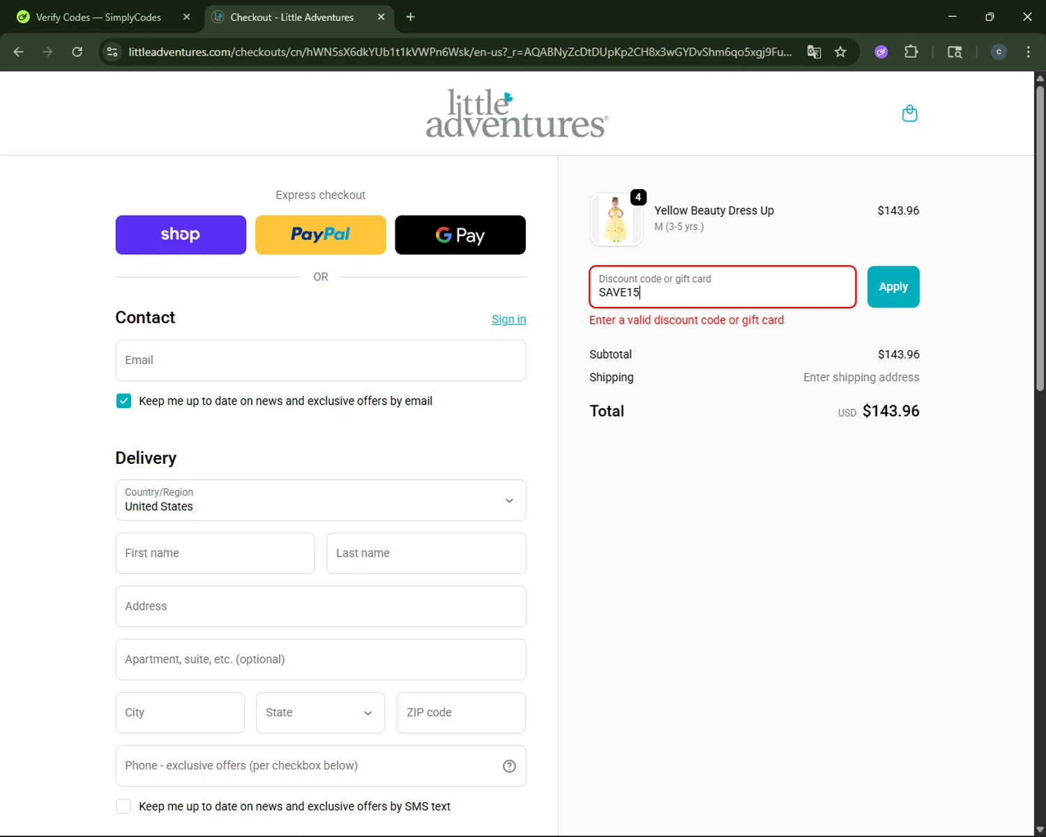 Little Adventures promo code screenshot showing code SAVE15 applied at Little Adventures checkout page. Uploaded by SimplyCodes community member CouponAce2971 on Nov 30, 2025