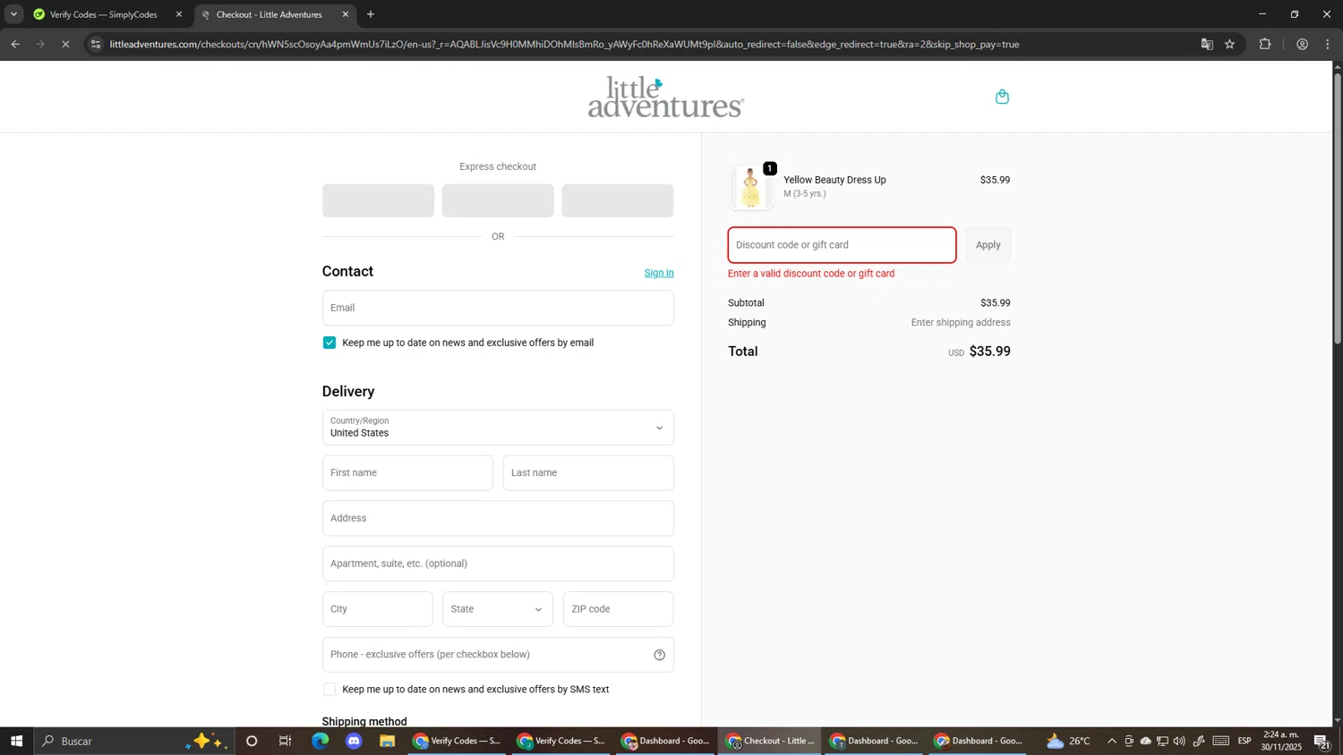 Little Adventures promo code screenshot showing code SAVE15 applied at Little Adventures checkout page. Uploaded by SimplyCodes community member Pirlo420 on Nov 30, 2025