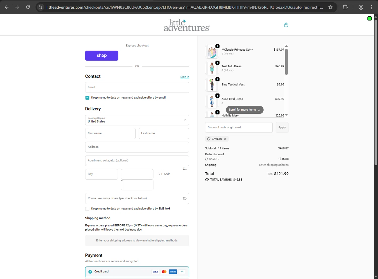 Little Adventures checkout page showing Little Adventures promo code box | Screenshot taken by SimplyCodes community member on Feb 9, 2026