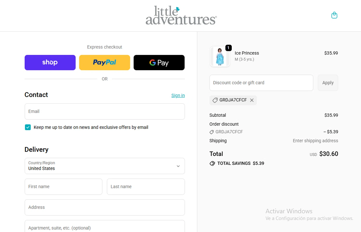 Little Adventures promo code screenshot showing code GRDJA7CFCF applied at Little Adventures checkout page. Uploaded by SimplyCodes community member Gary_23 on Nov 26, 2025