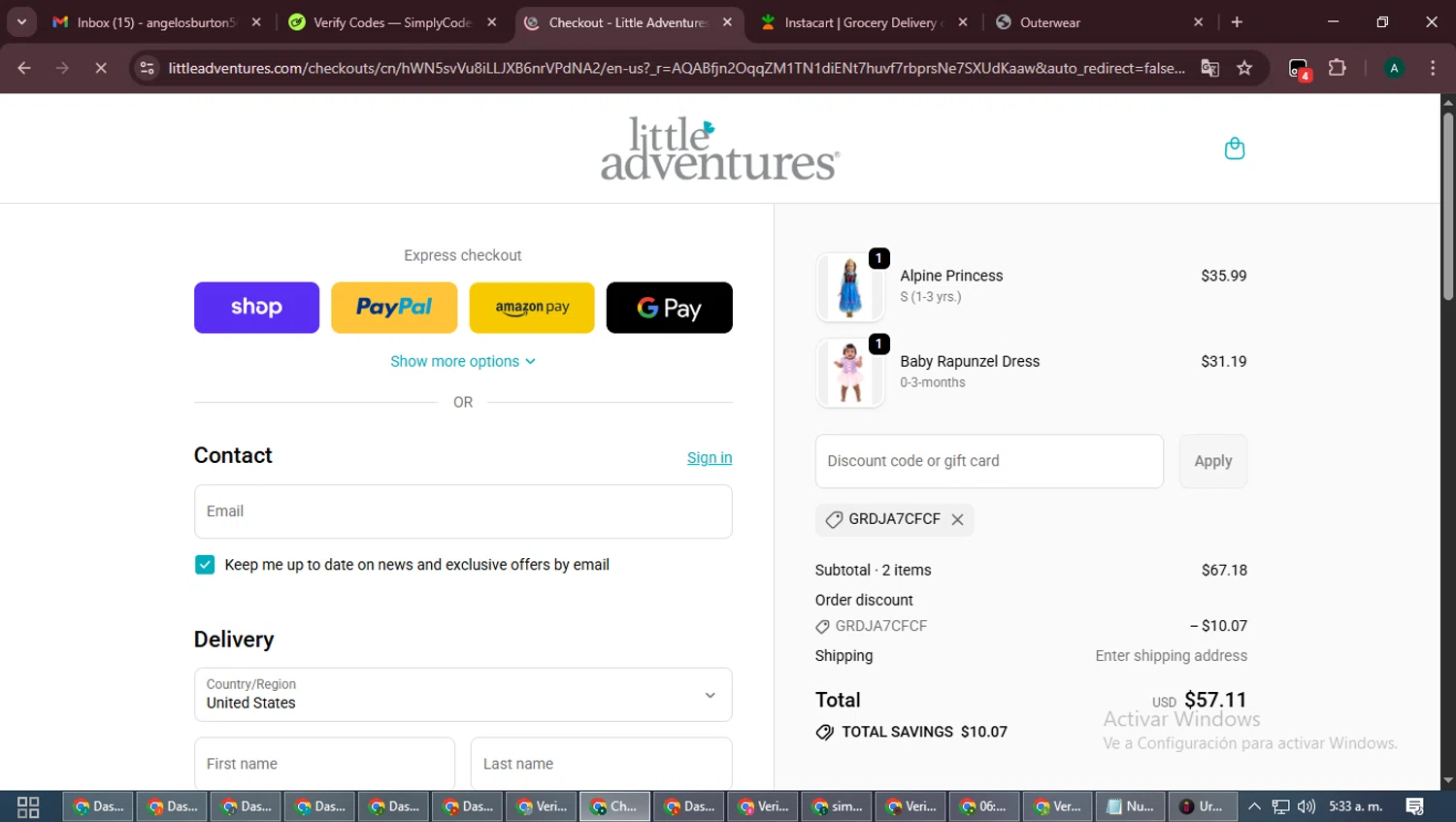 Little Adventures promo code screenshot showing code GRDJA7CFCF applied at Little Adventures checkout page. Uploaded by SimplyCodes community member LegendaryFalcon6699 on Nov 30, 2025