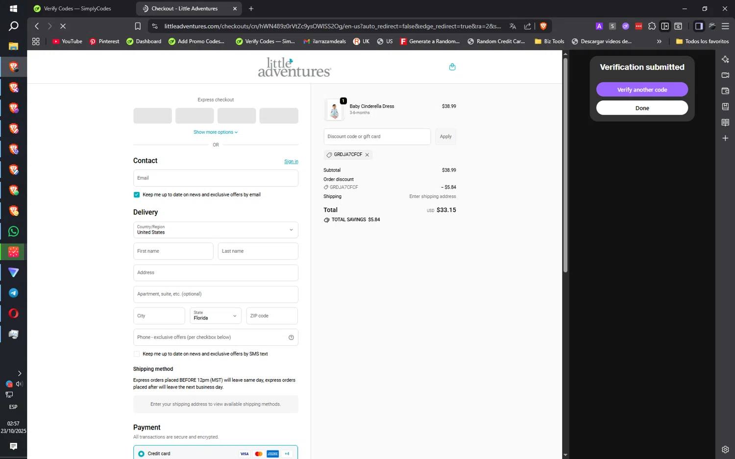 Little Adventures promo code screenshot showing code GRDJA7CFCF applied at Little Adventures checkout page. Uploaded by SimplyCodes community member ilarrazaM1 on Oct 23, 2025