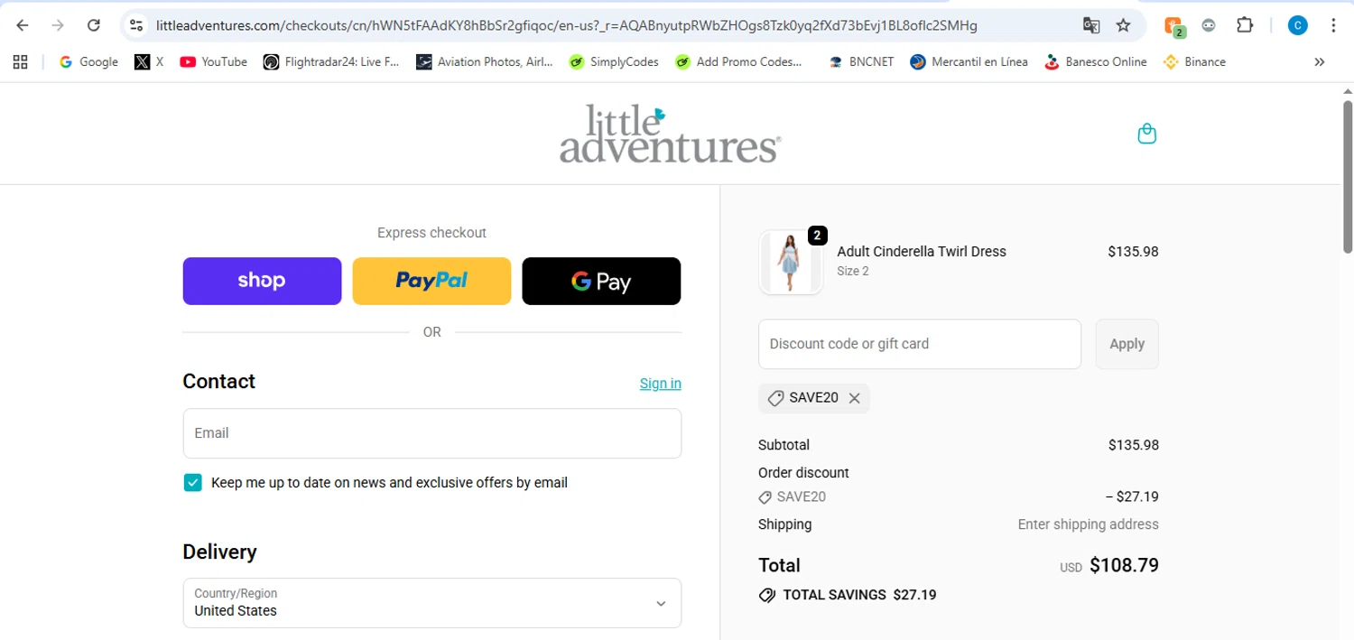 Little Adventures promo code screenshot showing code SAVE20 applied at Little Adventures checkout page. Uploaded by SimplyCodes community member victor on Dec 2, 2025