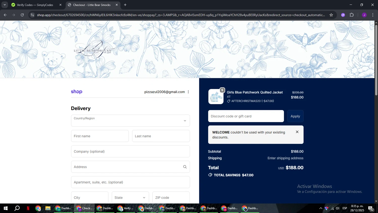Little Bear Smocks discount code screenshot showing code WELCOME applied at Little Bear Smocks checkout page. Uploaded by SimplyCodes community member ComeBurra123 on Dec 29, 2025