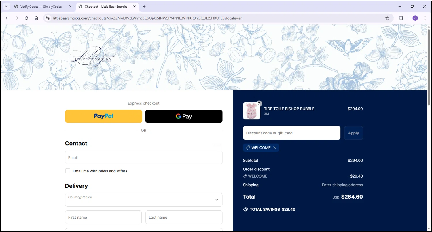 Little Bear Smocks discount code screenshot showing code WELCOME applied at Little Bear Smocks checkout page. Uploaded by SimplyCodes community member VoucherPilot2282 on Apr 27, 2025