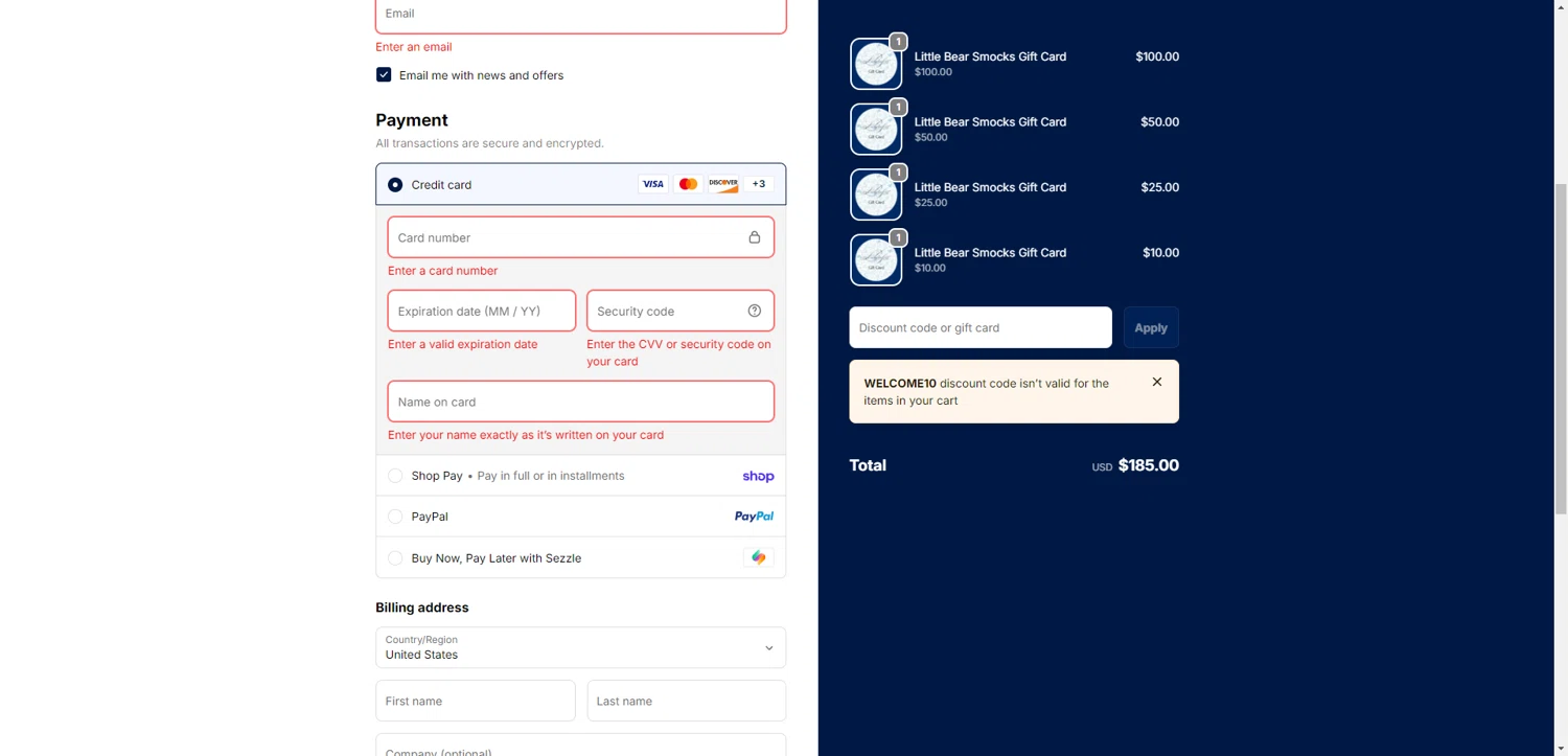 Little Bear Smocks checkout page showing Little Bear Smocks discount code box | Screenshot taken by SimplyCodes community member on Feb 14, 2026