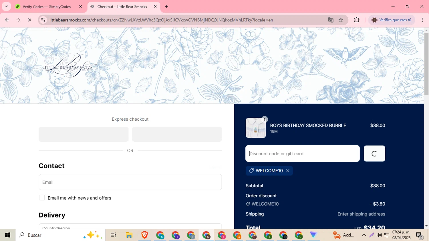 Little Bear Smocks discount code screenshot showing code WELCOME10 applied at Little Bear Smocks checkout page. Uploaded by SimplyCodes community member DiscountDefender1226 on Apr 8, 2025
