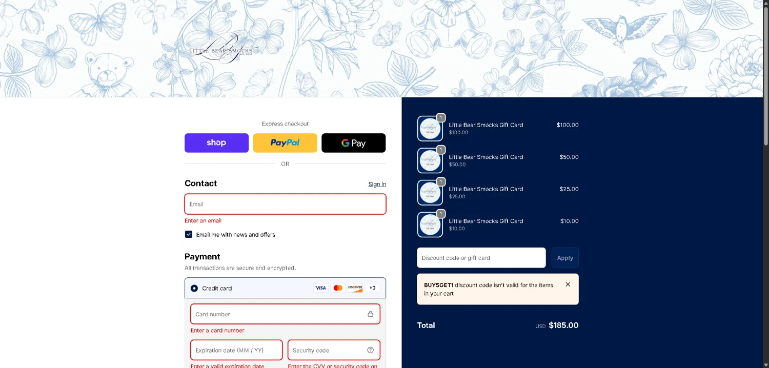 Little Bear Smocks discount code screenshot showing code BUY5GET1 applied at Little Bear Smocks checkout page. Uploaded by SimplyCodes community member BargainCurator5453 on Dec 24, 2025