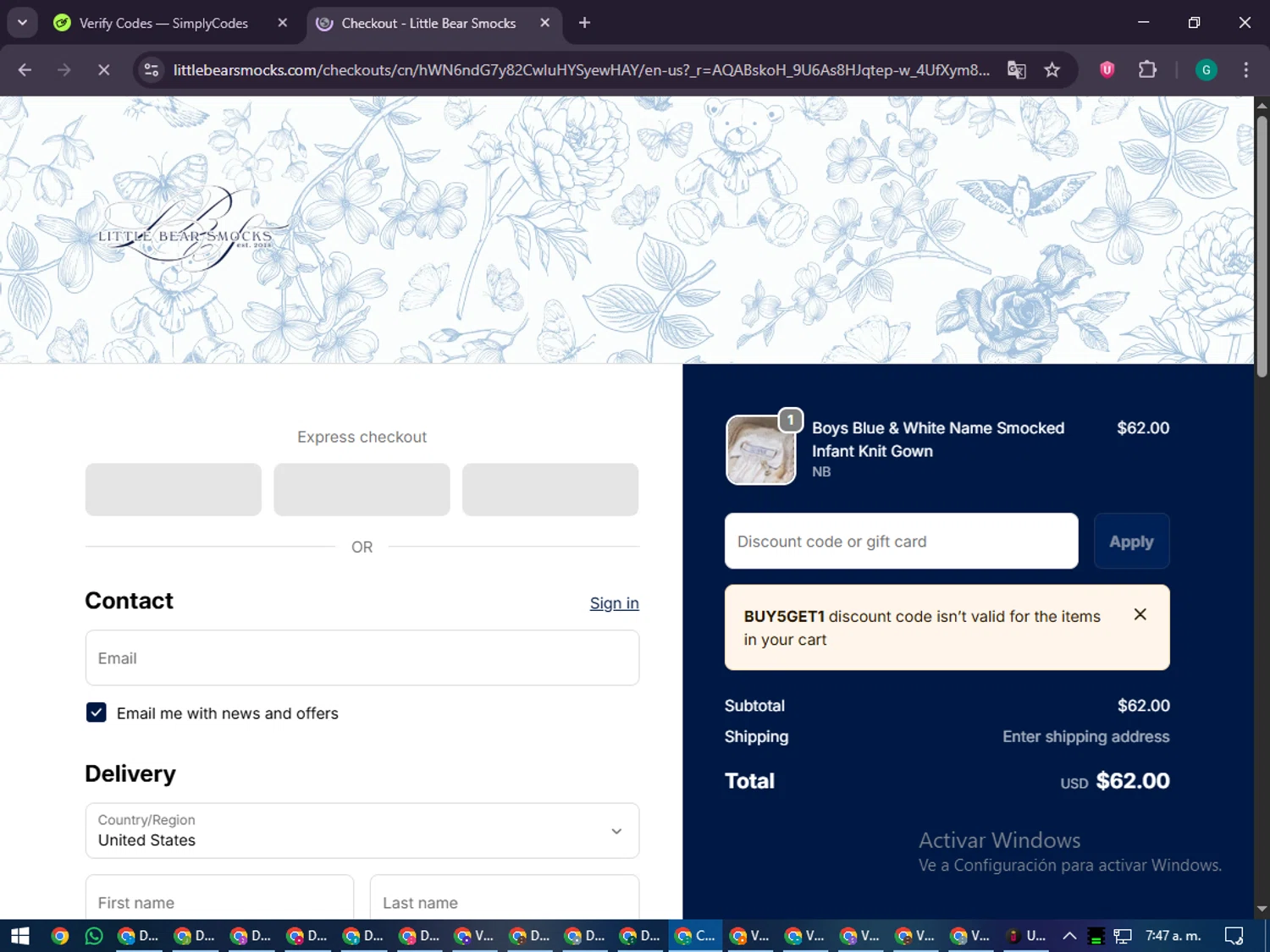 Little Bear Smocks discount code screenshot showing code BUY5GET1 applied at Little Bear Smocks checkout page. Uploaded by SimplyCodes community member PennyFinder5759 on Dec 24, 2025