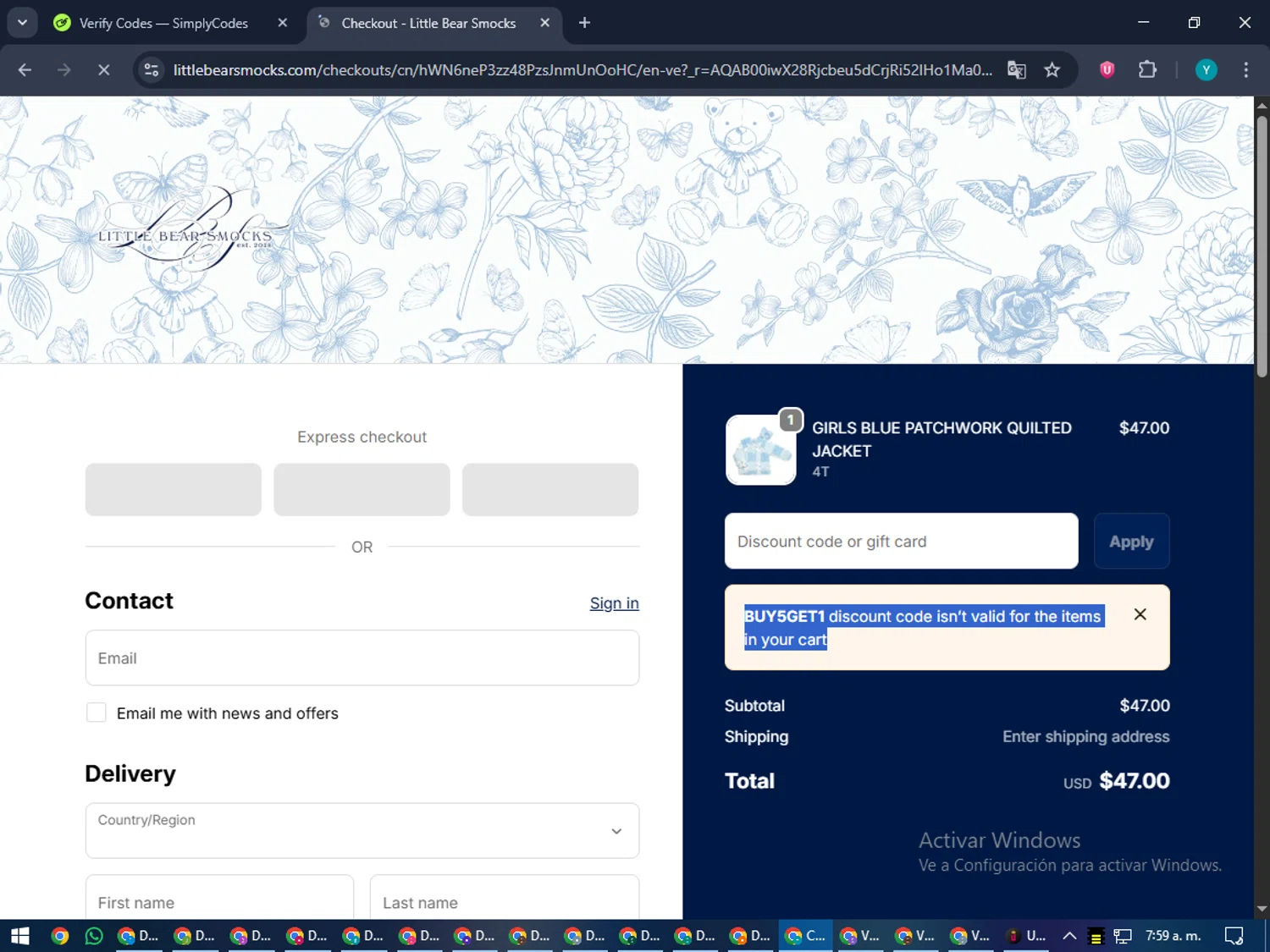Little Bear Smocks discount code screenshot showing code BUY5GET1 applied at Little Bear Smocks checkout page. Uploaded by SimplyCodes community member RoyalEagle4794 on Dec 24, 2025