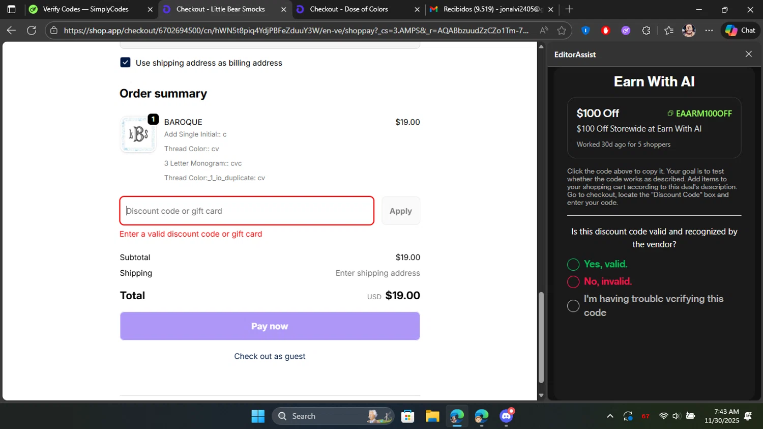 Little Bear Smocks discount code screenshot showing code DIBS applied at Little Bear Smocks checkout page. Uploaded by SimplyCodes community member Blackleg_Sanji on Nov 30, 2025