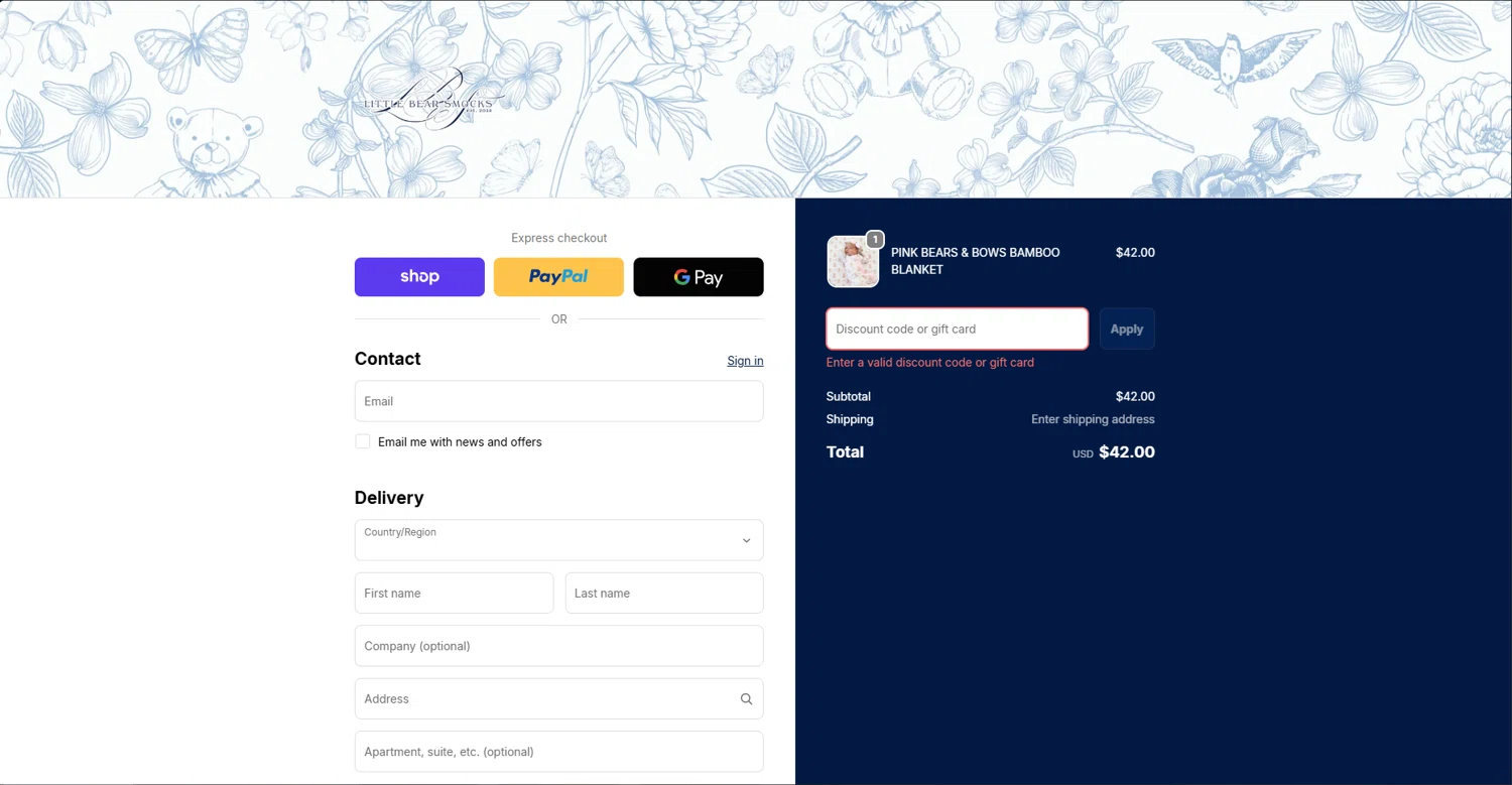 Little Bear Smocks discount code screenshot showing code DIBS applied at Little Bear Smocks checkout page. Uploaded by SimplyCodes community member Underaiki on Nov 30, 2025