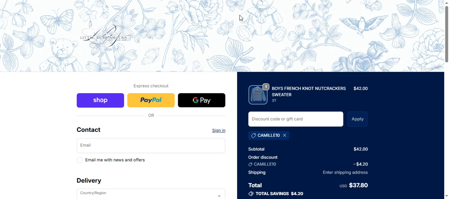 Little Bear Smocks discount code screenshot showing code Camille10 applied at Little Bear Smocks checkout page. Uploaded by SimplyCodes community member armalissolorzano1 on Nov 8, 2025