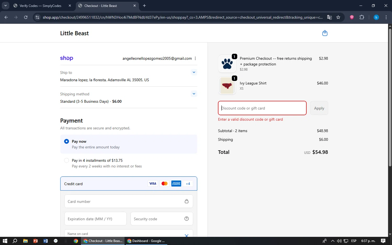 Little Beast discount code screenshot showing code enjoy10 applied at Little Beast checkout page. Uploaded by SimplyCodes community member bilijr on Sep 22, 2025