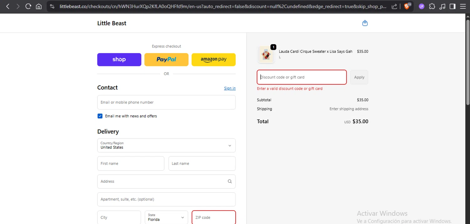 Little Beast discount code screenshot showing code enjoy10 applied at Little Beast checkout page. Uploaded by SimplyCodes community member xAngel on Sep 22, 2025