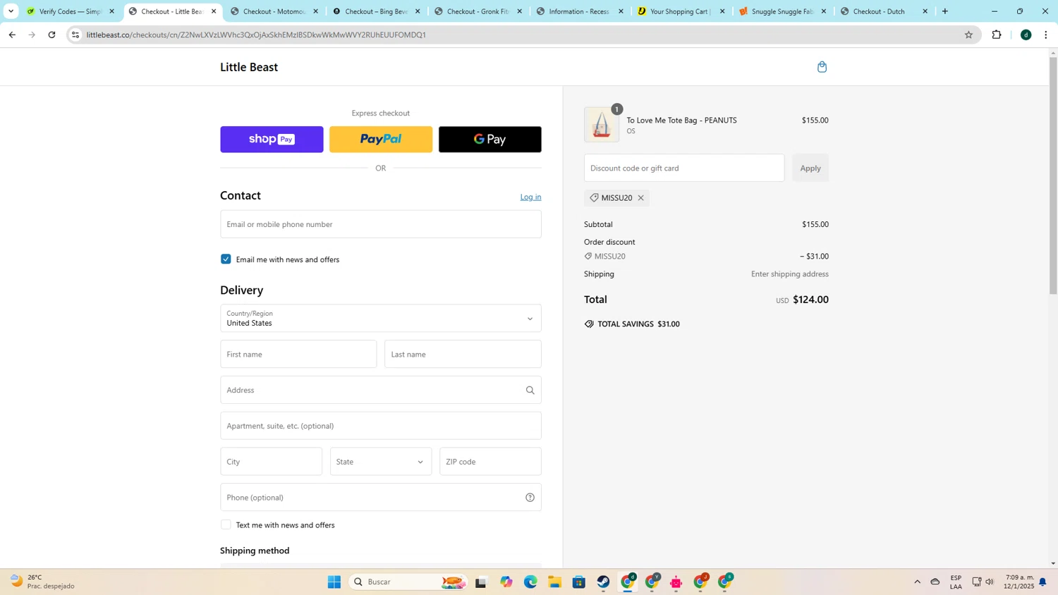 Little Beast discount code screenshot showing code missu20 applied at Little Beast checkout page. Uploaded by SimplyCodes community member darlisiglesias on Jan 12, 2025