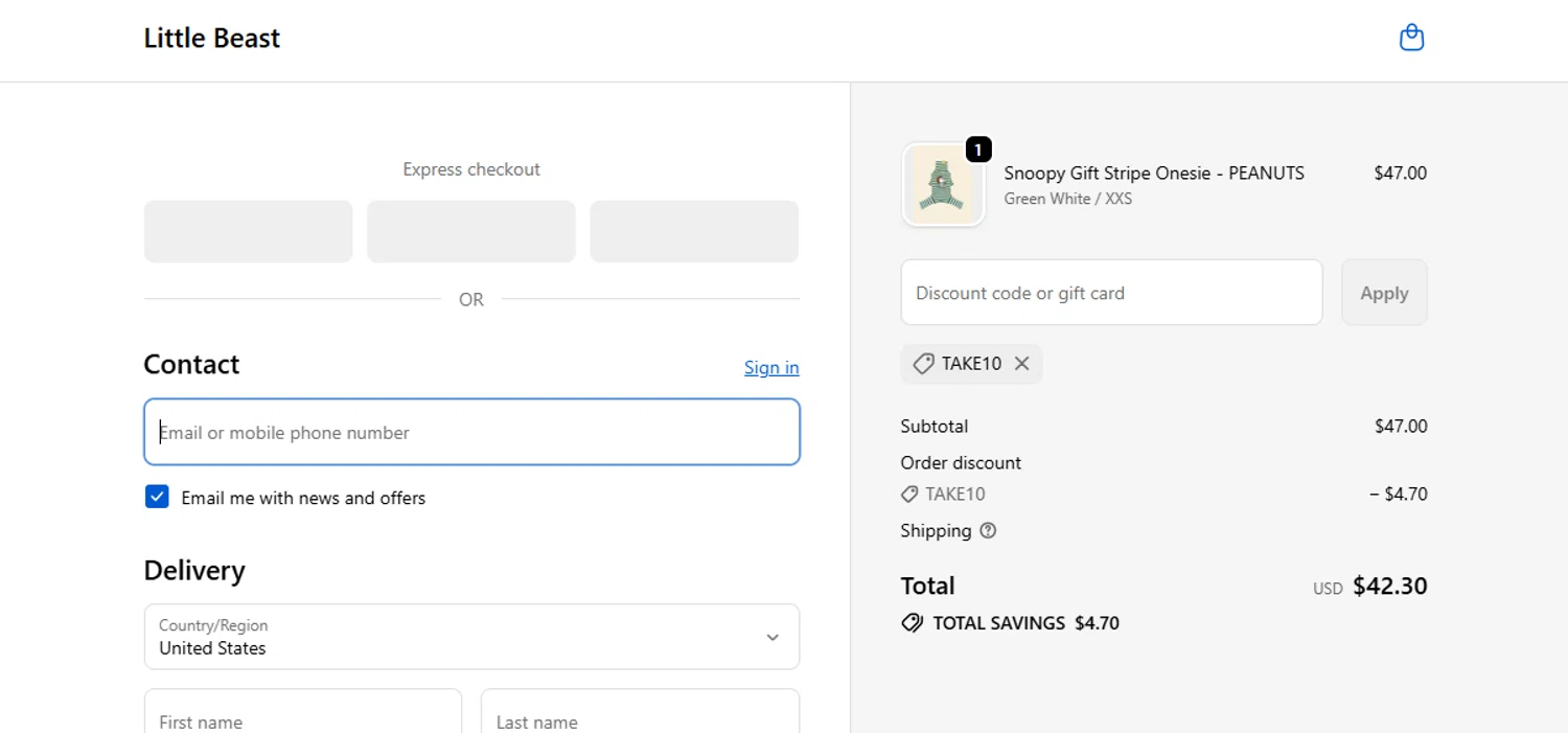 Little Beast discount code screenshot showing code TAKE10 applied at Little Beast checkout page. Uploaded by SimplyCodes community member ashe1986 on Dec 24, 2025