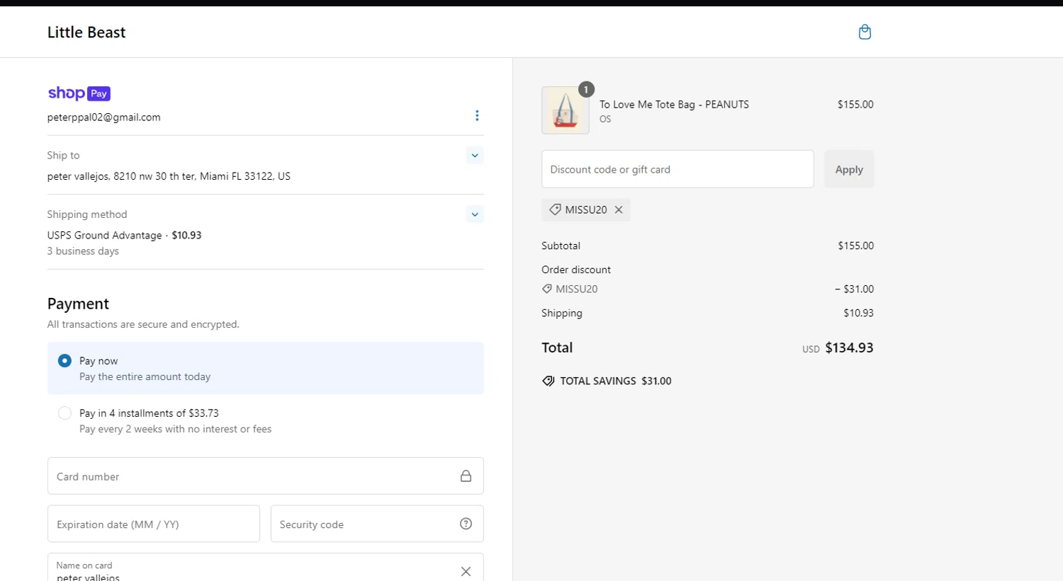 Little Beast discount code screenshot showing code missu20 applied at Little Beast checkout page. Uploaded by SimplyCodes community member ricardoramirez1 on Jan 12, 2025