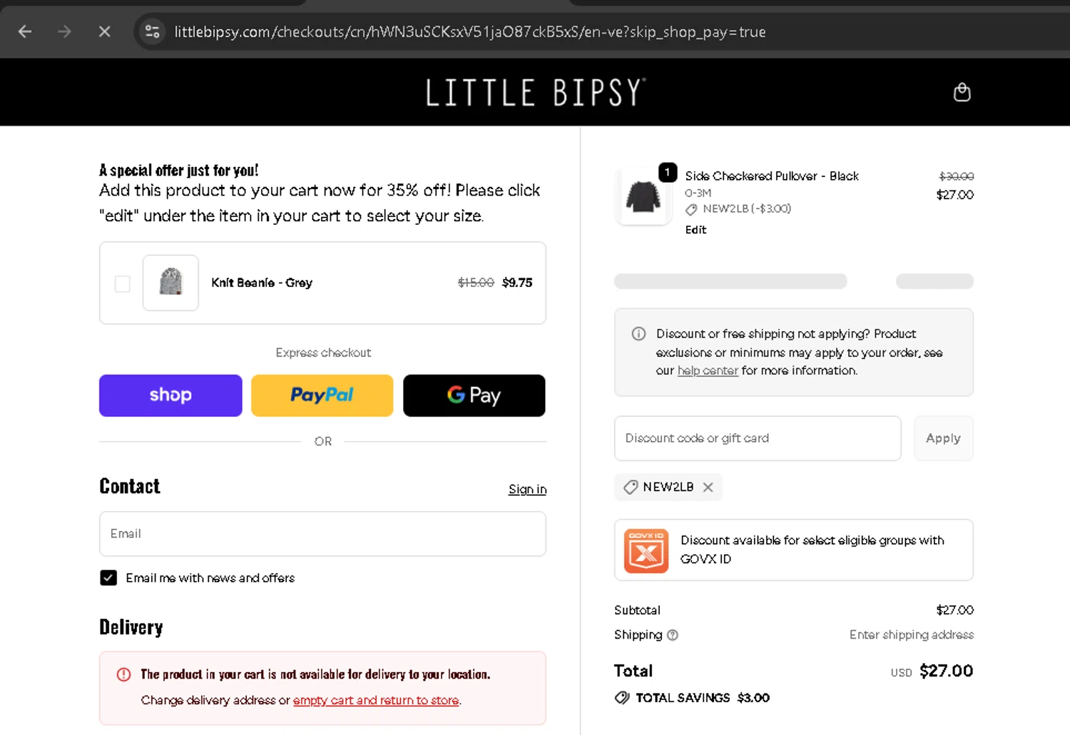 Little Bipsy Collection promo code screenshot showing code NEW2LB applied at Little Bipsy Collection checkout page. Uploaded by SimplyCodes community member BonusPro7395 on Oct 9, 2025