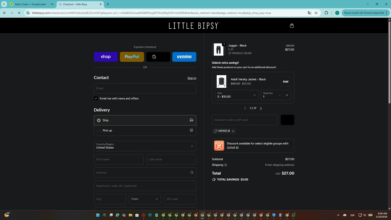 Little Bipsy Collection promo code screenshot showing code NEW2LB applied at Little Bipsy Collection checkout page. Uploaded by SimplyCodes community member SavingsRanger5017 on Jan 20, 2026