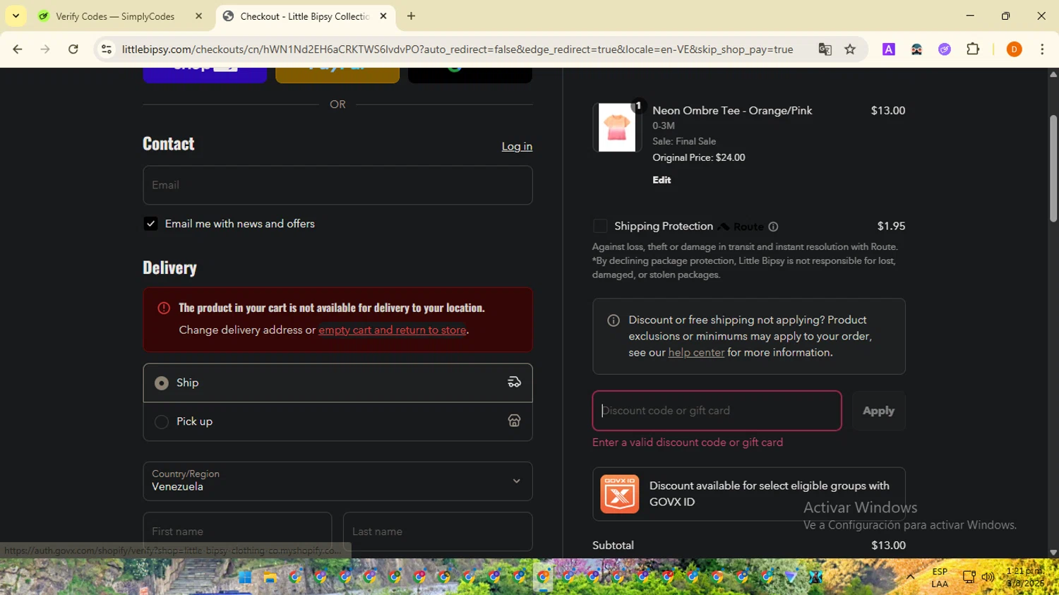 Little Bipsy Collection promo code screenshot showing code TEXT15 applied at Little Bipsy Collection checkout page. Uploaded by SimplyCodes community member SavingsMaverick3203 on Aug 3, 2025