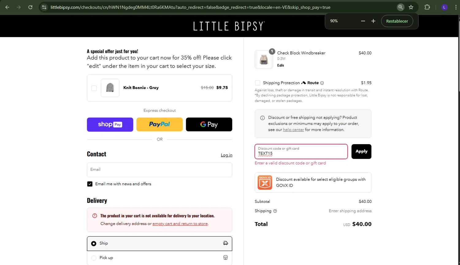 Little Bipsy Collection promo code screenshot showing code TEXT15 applied at Little Bipsy Collection checkout page. Uploaded by SimplyCodes community member richard007 on Aug 3, 2025