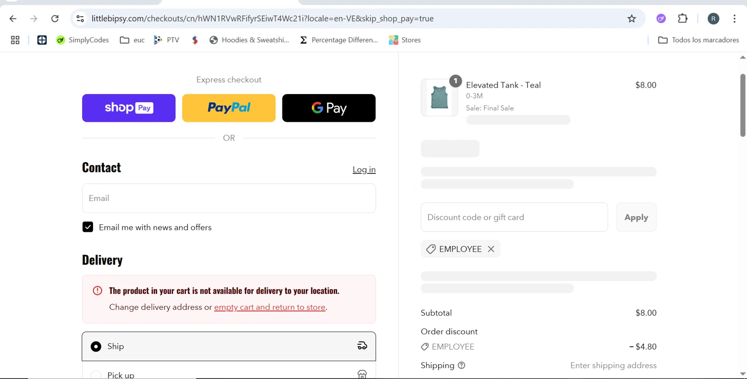 Little Bipsy Collection promo code screenshot showing code EMPLOYEE applied at Little Bipsy Collection checkout page. Uploaded by SimplyCodes community member MarcoReus on Aug 5, 2025
