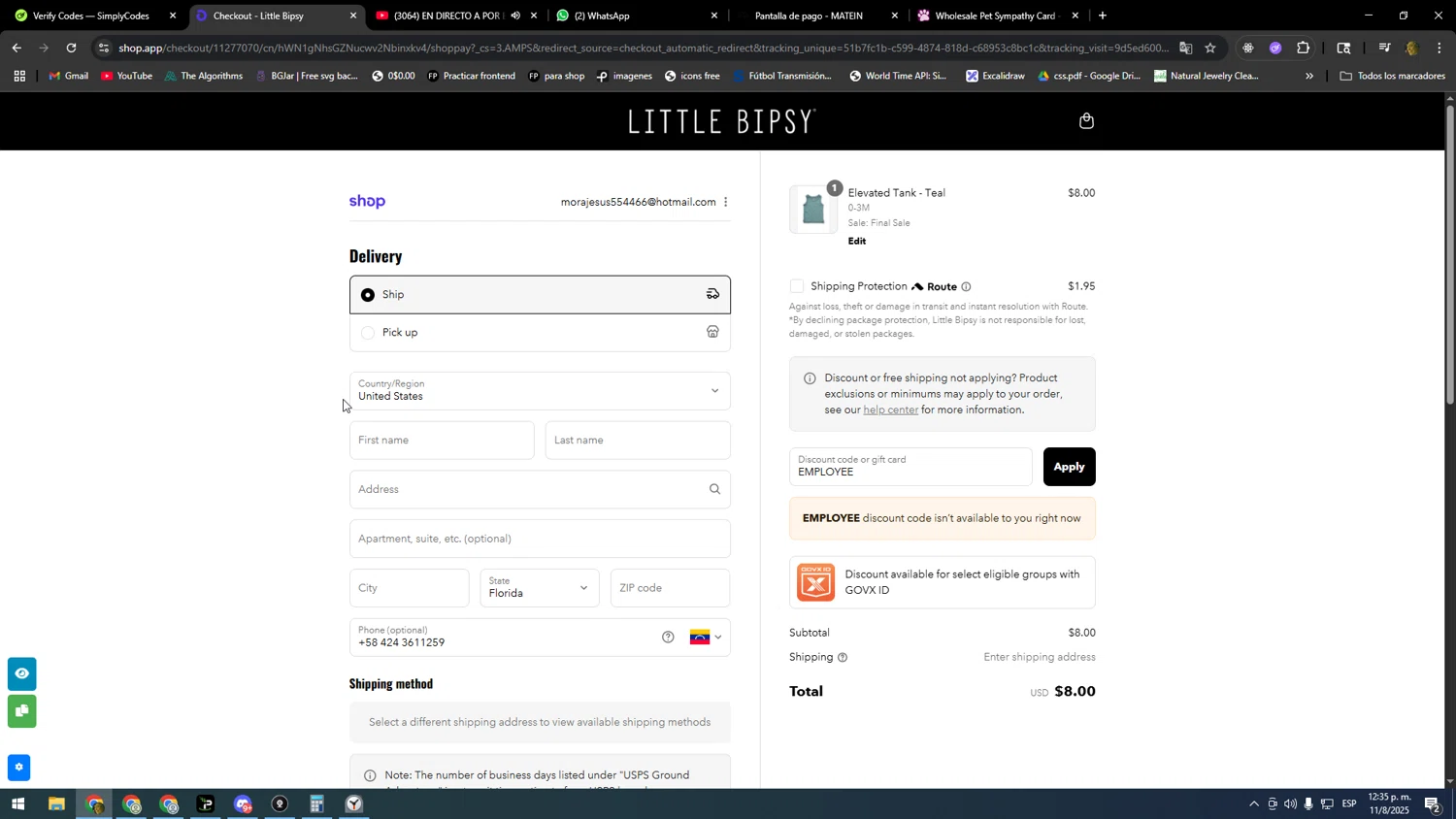 Little Bipsy Collection promo code screenshot showing code EMPLOYEE applied at Little Bipsy Collection checkout page. Uploaded by SimplyCodes community member DonPollito on Aug 11, 2025