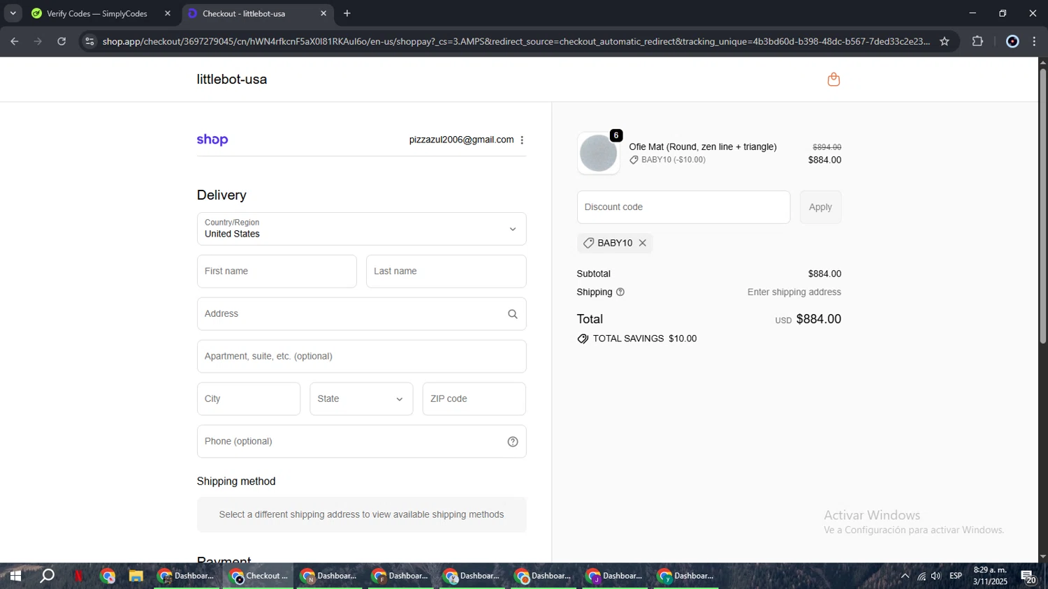 LITTLEBOT promo code screenshot showing code BABY10 applied at LITTLEBOT checkout page. Uploaded by SimplyCodes community member RoyalBoss4384 on Nov 3, 2025