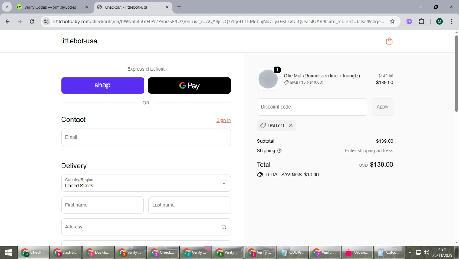 LITTLEBOT promo code screenshot showing code BABY10 applied at LITTLEBOT checkout page. Uploaded by SimplyCodes community member suieeloves on Nov 25, 2025