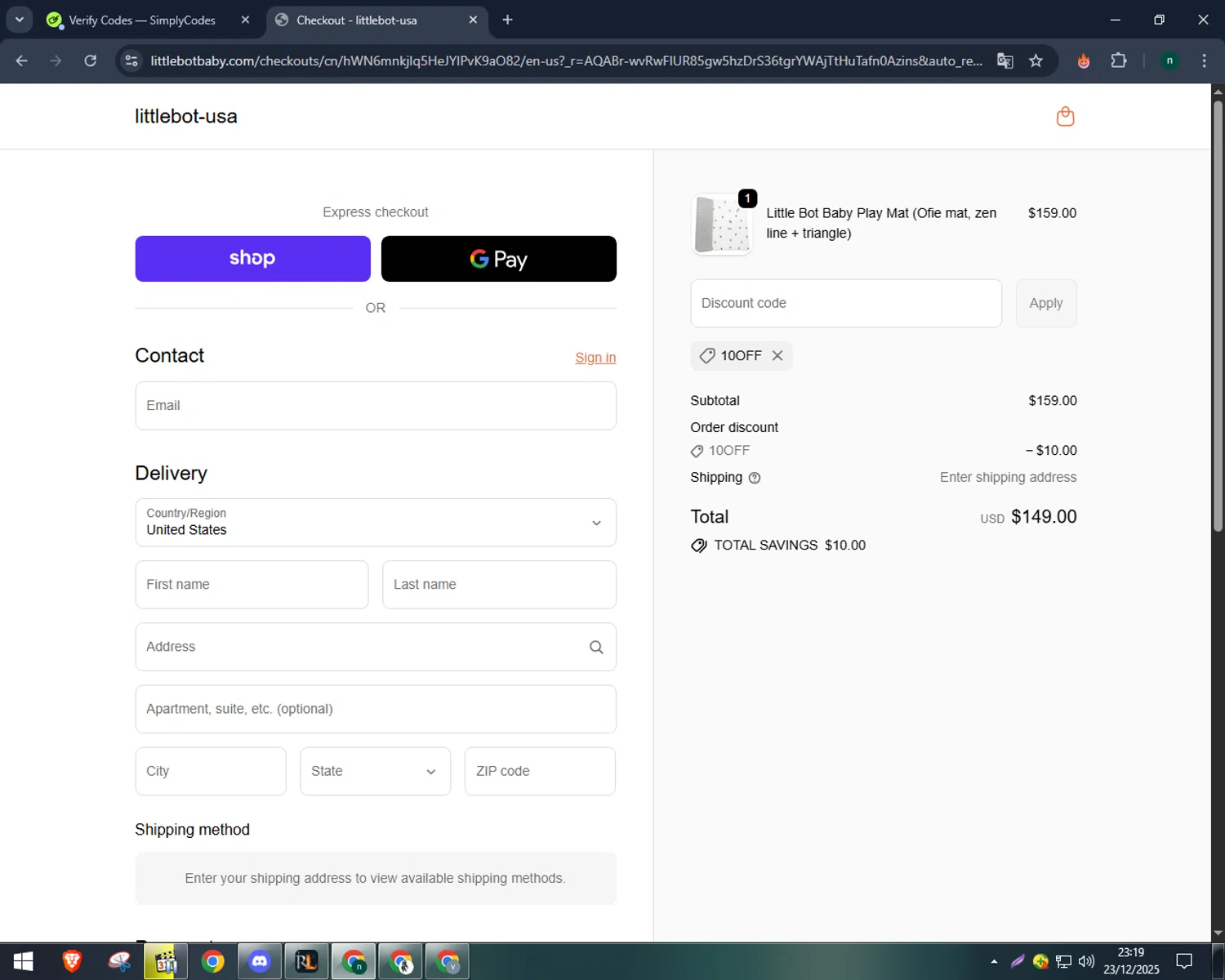 LITTLEBOT promo code screenshot showing code 10OFF applied at LITTLEBOT checkout page. Uploaded by SimplyCodes community member VoucherWizard5329 on Dec 24, 2025