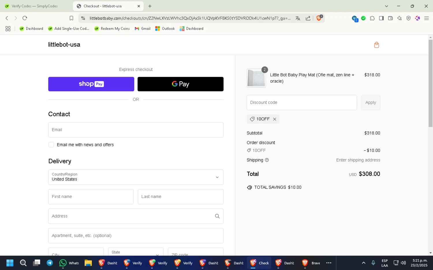 LITTLEBOT promo code screenshot showing code 10OFF applied at LITTLEBOT checkout page. Uploaded by SimplyCodes community member CleverKnight6759 on Feb 23, 2025