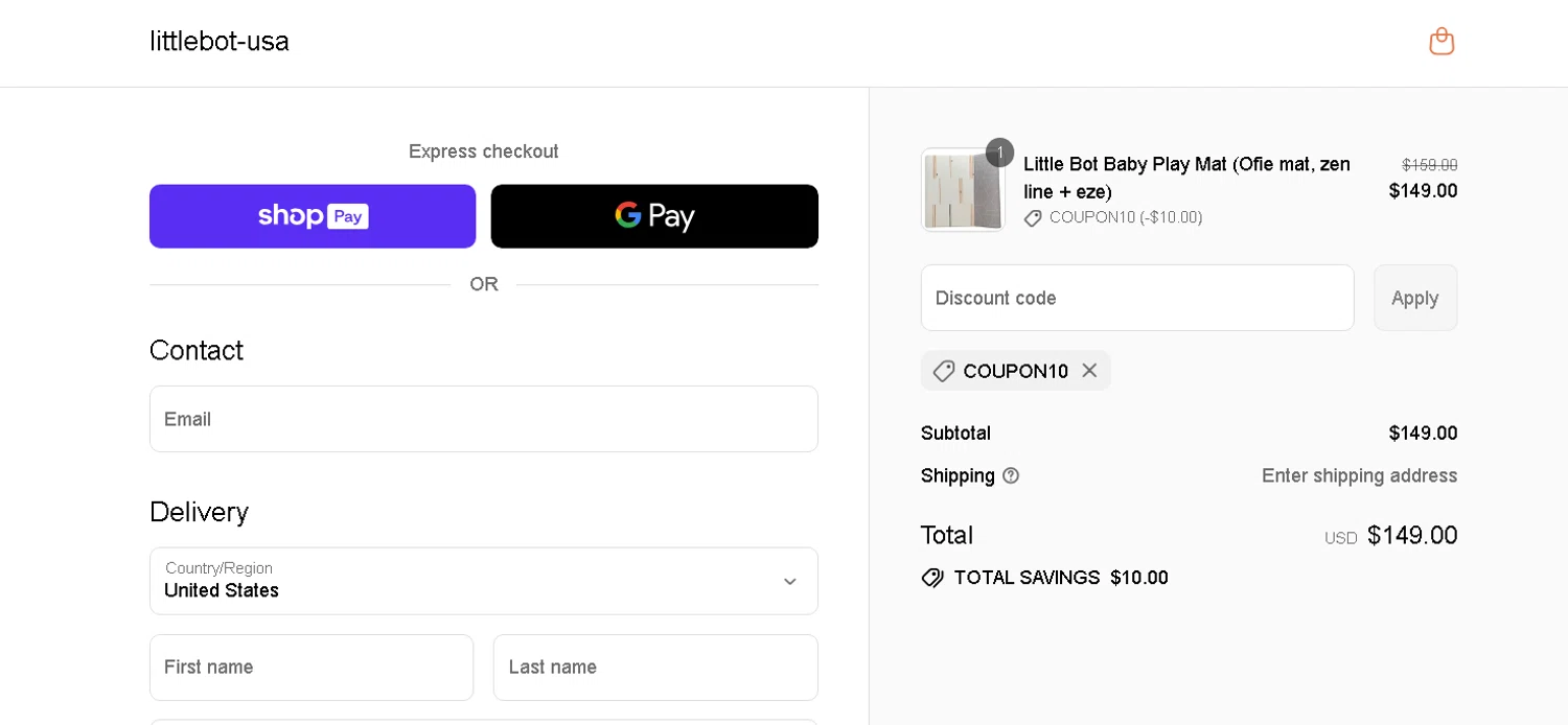 LITTLEBOT promo code screenshot showing code COUPON10 applied at LITTLEBOT checkout page. Uploaded by SimplyCodes community member BLUEBLASTOISE on Aug 17, 2025