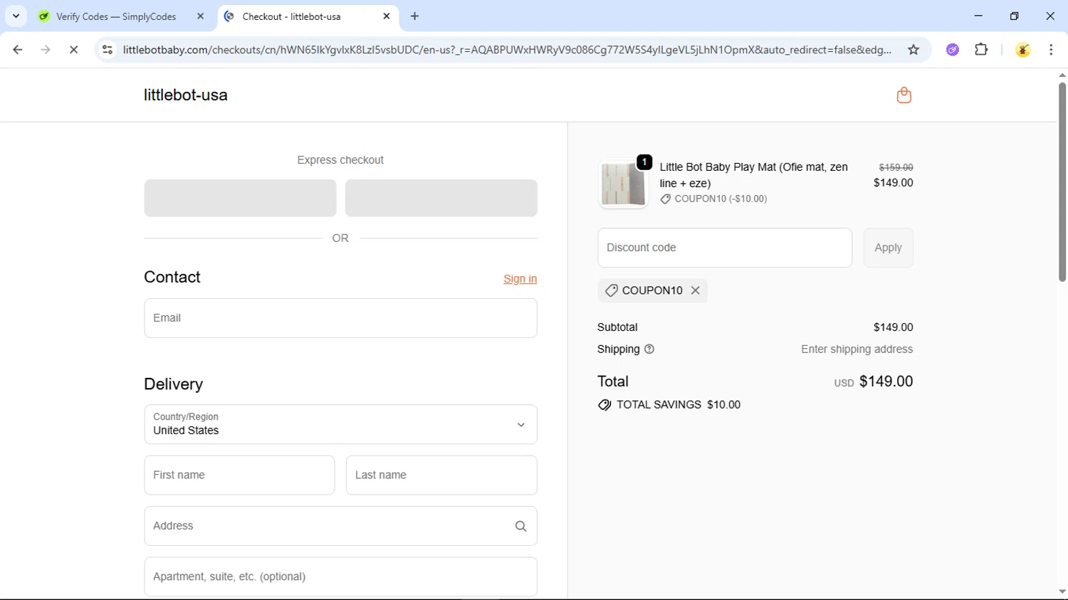 LITTLEBOT promo code screenshot showing code COUPON10 applied at LITTLEBOT checkout page. Uploaded by SimplyCodes community member GloriousSage2502 on Dec 5, 2025