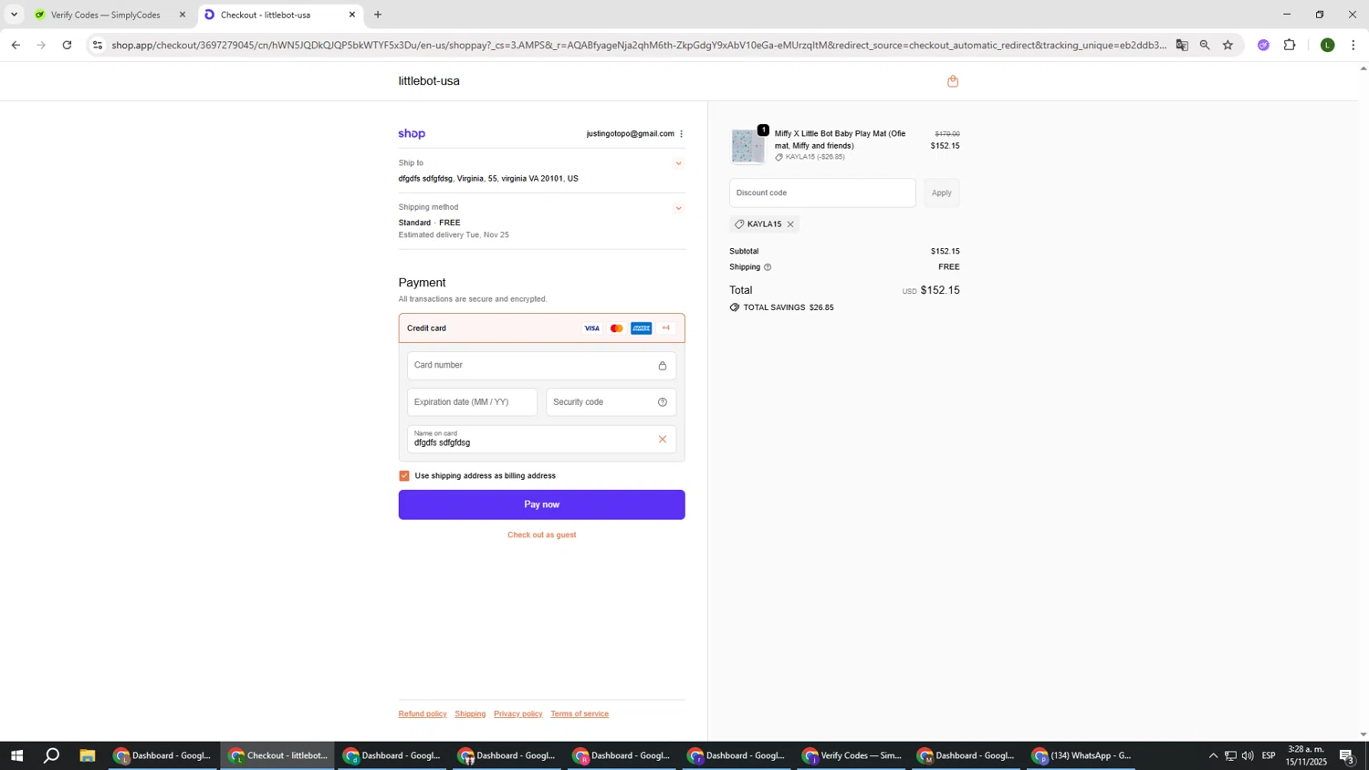 LITTLEBOT promo code screenshot showing code KAYLA15 applied at LITTLEBOT checkout page. Uploaded by SimplyCodes community member DUCATI on Nov 15, 2025