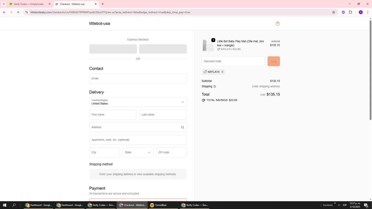 LITTLEBOT promo code screenshot showing code KAYLA15 applied at LITTLEBOT checkout page. Uploaded by SimplyCodes community member ukemochi on Oct 3, 2025