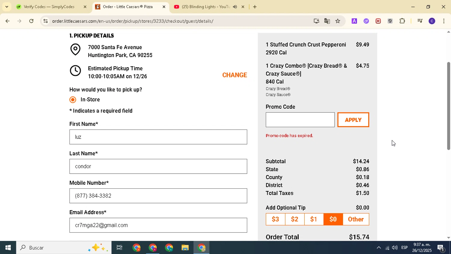 Little Caesars promo code screenshot showing code 299BREAD applied at Little Caesars checkout page. Uploaded by SimplyCodes community member alexanderarnold on Dec 26, 2025