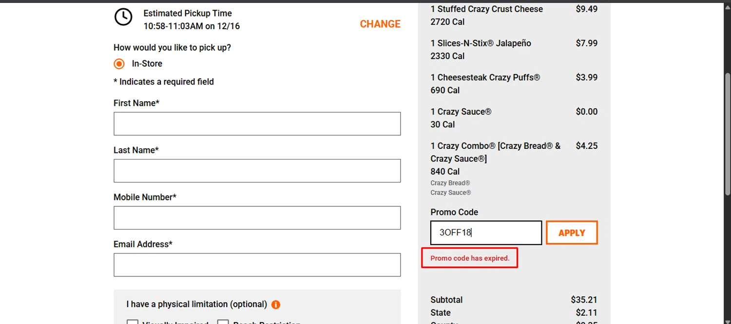 Little Caesars promo code screenshot showing code 3OFF18 applied at Little Caesars checkout page. Uploaded by SimplyCodes community member noworries on Dec 16, 2025
